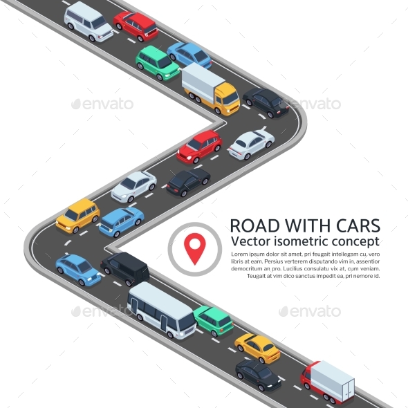 Isometric Street with Cars. 3d Highway and