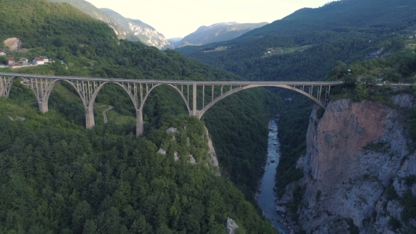 Aerial View of Durdevica Tara Arc Bridge in the Mountains, One of the Highest Automobile Bridges in