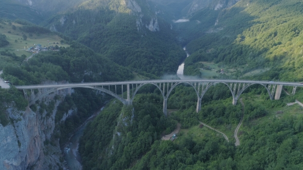 Aerial View of Durdevica Tara Arc Bridge in the Mountains, One of the Highest Automobile Bridges in