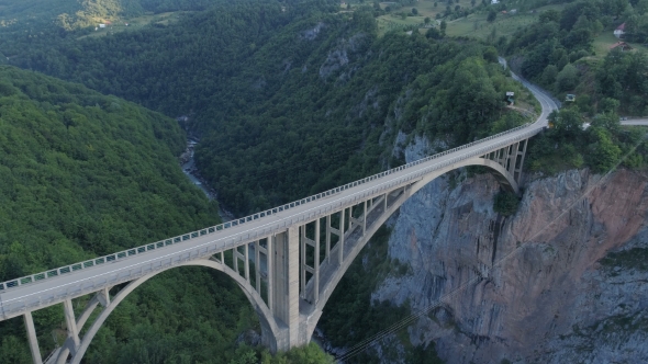 Aerial View of Durdevica Tara Arc Bridge in the Mountains, One of the Highest Automobile Bridges in