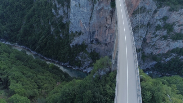 Aerial View of Durdevica Tara Arc Bridge in the Mountains, One of the Highest Automobile Bridges in