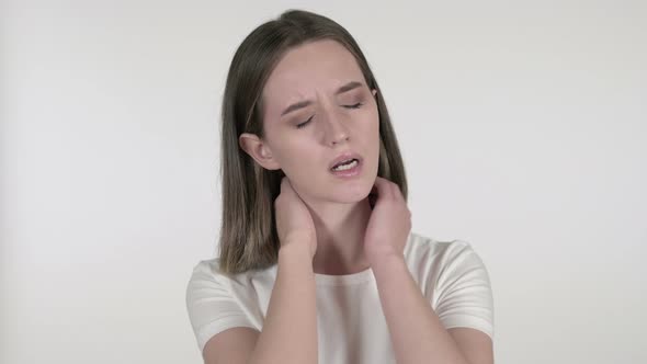Young Woman with Neck Pain, White Background