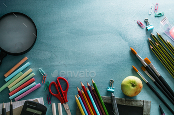 encils, chalk and school equipment.