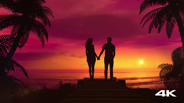 Romantic Couple Watching The Red Sunset In The Ocean alt