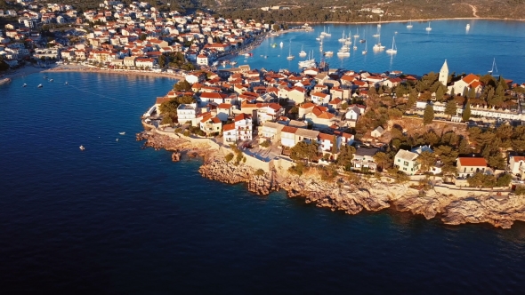 Sunset Flying Over Resort Adriatic Town Primosten, Croatia.