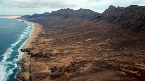 Flight Over Desert Beach on Fuerteventura Island, Spain