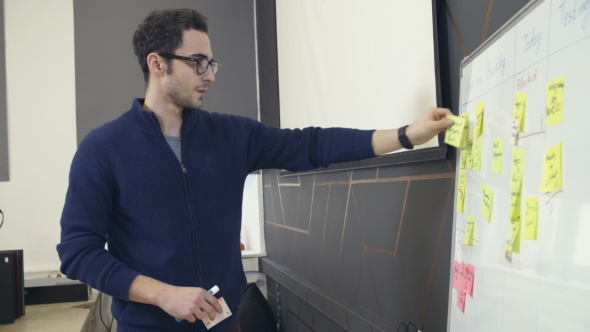 Man Using Sticky Notes and Attaching It To Board
