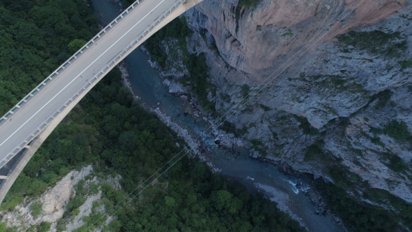 Aerial View of Durdevica Tara Arc Bridge in the Mountains, One of the Highest Automobile Bridges in