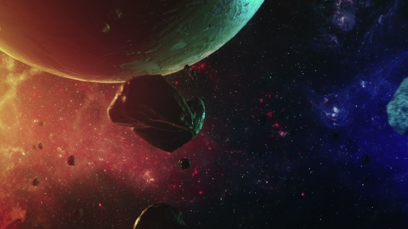 Flying in Colorful Cosmic Space Among the Stars of Planets and Asteroids alt