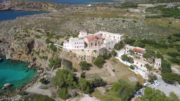 Chrisoskalitissa monastery in Crete. Built on a rock. Greece.AERIAL