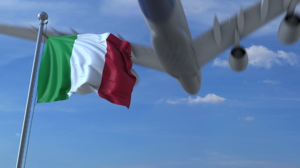 Commercial Airplane Landing Behind Waving Italian Flag