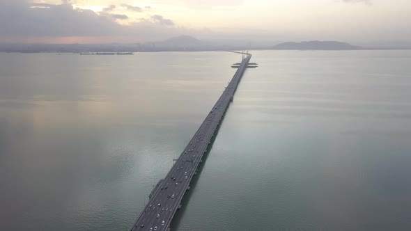 Reveal shot sunrise of Penang Bridge