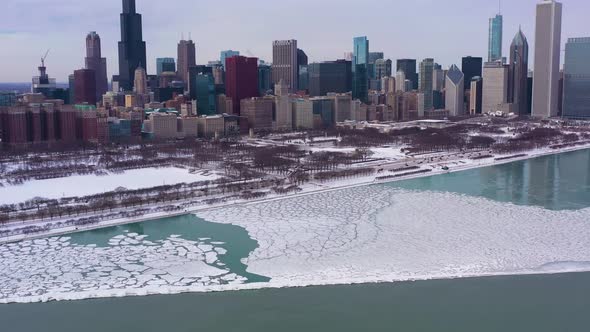 Urban Skyline of Chicago and Lake Michigan on Winter Frosty Day