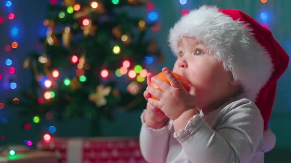 Portrait of caucasian toddler girl in xmas hat eating tangerine.Slow motion