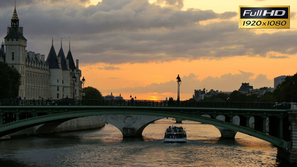 Seine River in Paris at Sunset Orange Sun