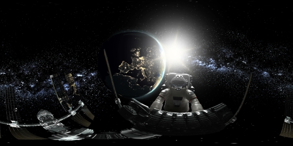 Astronaut and International Space Station Orbiting Earth in Virtual Reality alt