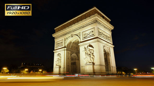 Arch of Triumph of Paris in the Champs Elysees Time Lapse at Night