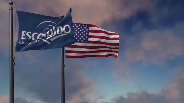 Escondido City Flag Waving Along With The National Flag Of The USA - 4K