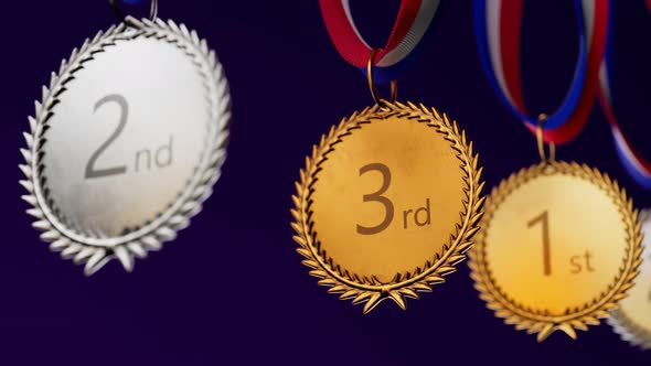 Endless animation of a line of silver, gold, bronze sports medals. Set of awards