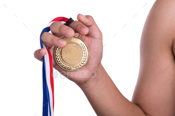 his hand, against white background