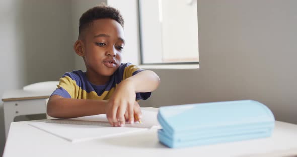 Video of focused african american boy doing lessons in classroom