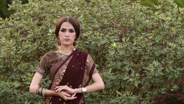 Indian Model in a Luxurious Sari Dress in the Park