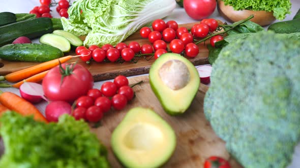 Fresh Organic Vegetables: Broccoli, Tomatoes, Avocado, Cucumber. Healthy Food.