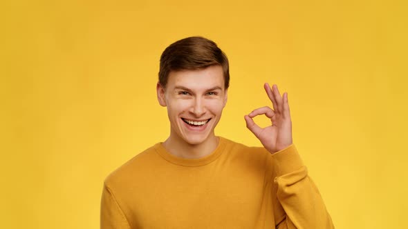 Man Gesturing Okay Sign With Hand Nodding Head Yellow Background