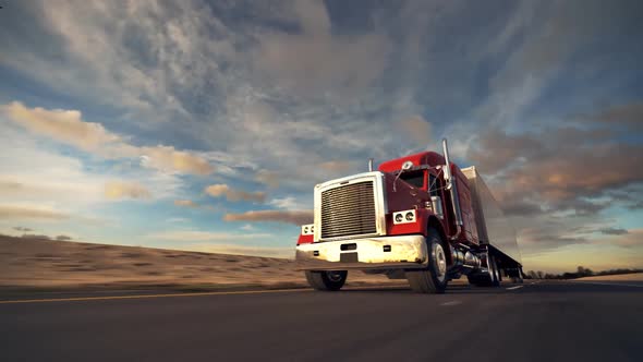 Oncoming huge semi-trailer truck riding on the highway. Closeup animation. HD