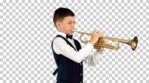 Young boy in a bow tie playing the trumpet, Alpha Channel