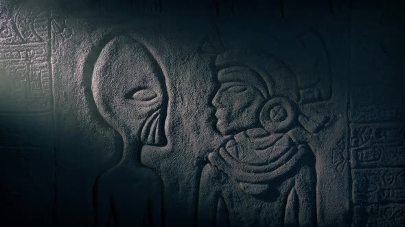 Alien And Mayan Priest Wall Art In Dusty Tomb