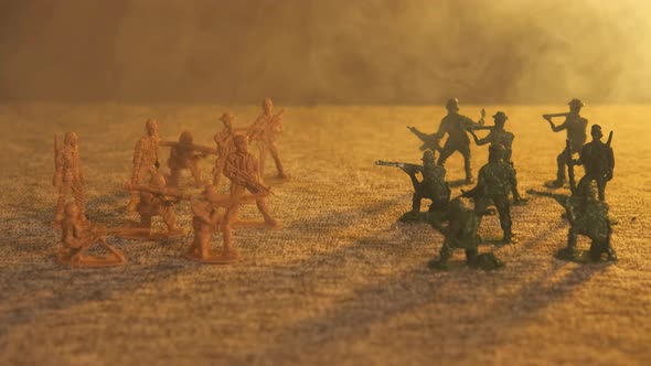 Plastic Toy Soldiers Stand Opposite Each Other in Smoke