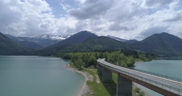 Bridge over mountain lake reservoir, Sylvenstein, Bavaria, Germany