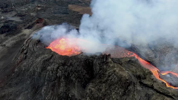 Fagradalsfjall erupting volcano crater seen from above, Iceland