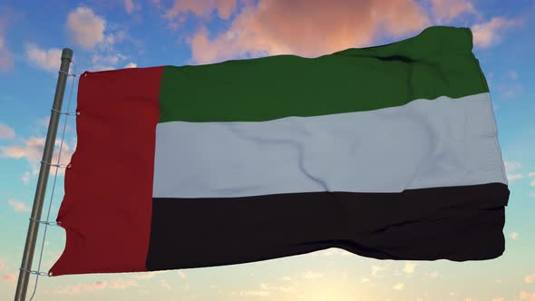 Flag of United Arab Emirates Waving in the Wind Against Deep Beautiful Sky at Sunset