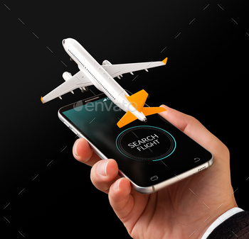 g and booking flights on the internet. Unusual 3D illustration of commercial airplane on smartphone in hand