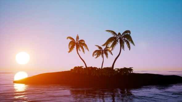 Tropical Island Sunrise with Palm Trees and Clear Sky