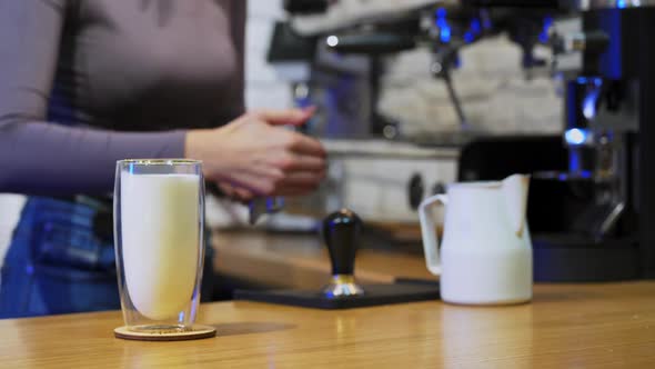 Barista working at bar counter in cafe. Professional barista standing at bar counter in coffee shop