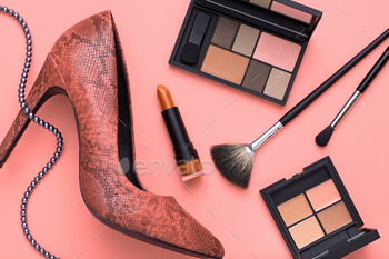s.Cosmetic Makeup.Trendy fashion Eyeshadow Brush Lipstick. Glamor fashion shoes Heels. Summer lady. Creative Urban. Concept. Art. Minimal.