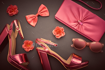 on Sunglasses, Handbag Clutch. Glamor Metallic Pink Fuchsia fashion shoes Heels, Flower. Luxury Shiny Party Night Out lady on Black. Art. Minimal