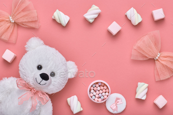 s.Cosmetic Makeup.Trendy fashion Marshmallow,Teddy Bear. Glamor fashion accessories.Flower. Luxury Summer lady. Creative Romantic Pink. Art.Minimal