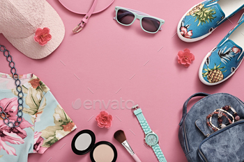 dy Hipster Dress, Summer Girl. Urban Street Outfit. Fashion Backpack, summer Sunglasses, Stylish Gumshoes. Cosmetic Makeup, fashion hipster Pink Cap