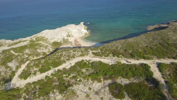 Aerial drone view of a deserted beach in the Bahamas, Caribbean. 