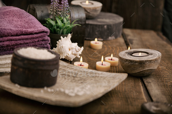 andles, towels and flower. Wooden dayspa nature set