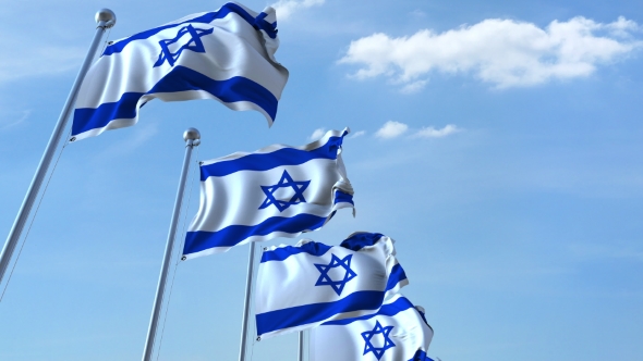 Row of Waving Flags of Israel Agaist Blue Sky alt