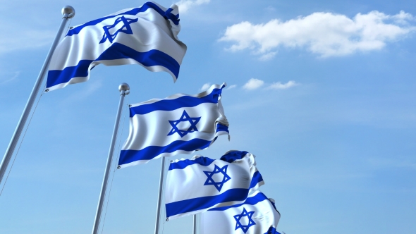 Row of Waving Flags of Israel Agaist Blue Sky