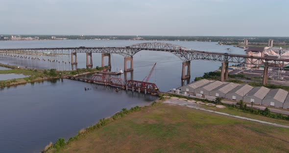 Aerial of cars traveling over the Calcasieu River Bridge in Lake Charles, Louisiana