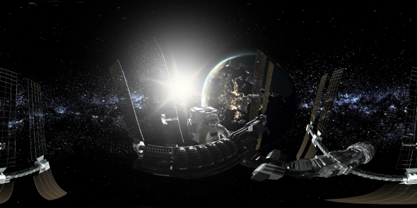 Astronaut and International Space Station Orbiting Earth in Virtual Reality alt
