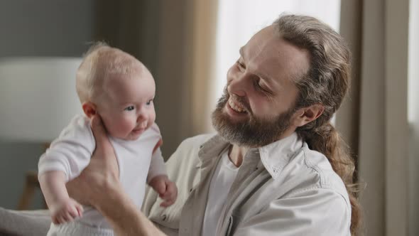 Closeup Happy Father Loving Caring Middleaged Dad Bearded Man Holding Little Daughter Son Child