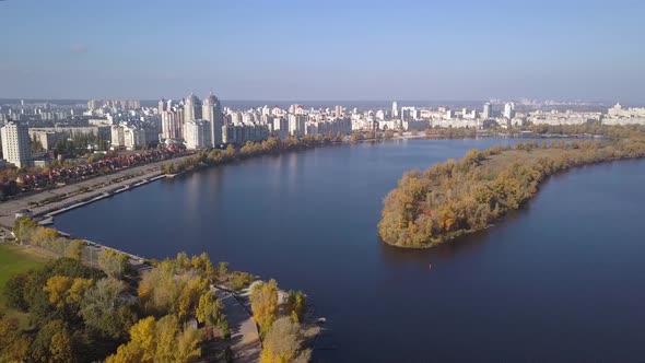 Aerial: Obolonska Quay in Obolon district in Kiyv, autumn time